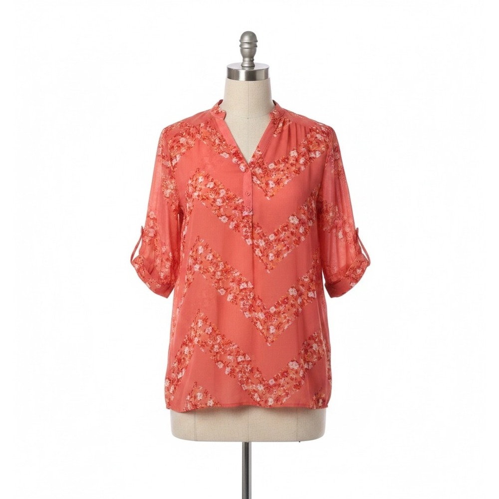 Tacera Pink Floral Chevron Blouse Plus Size 2X Roll‎ Tab Sleeve V-Neck Tunic